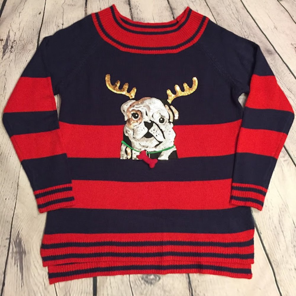 Holiday Time Women's Christmas Sweater Size Large 12/14 Reindeer Bull dog Sequin